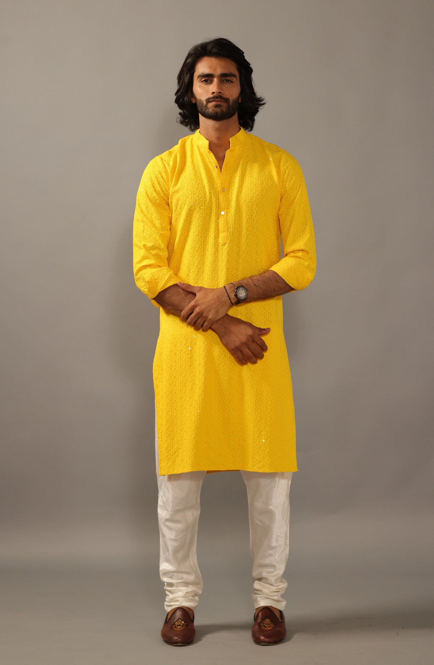 Handmade yellow Chikankaari Embroidered Kurta Pajama Set