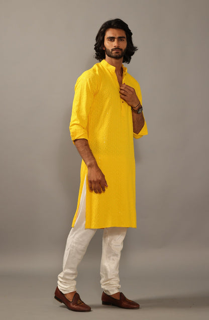 Handmade yellow Chikankaari Embroidered Kurta Pajama Set