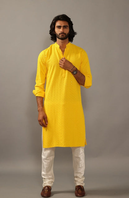 Handmade yellow Chikankaari Embroidered Kurta Pajama Set