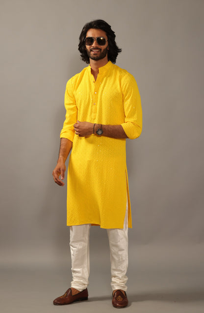 Handmade yellow Chikankaari Embroidered Kurta Pajama Set