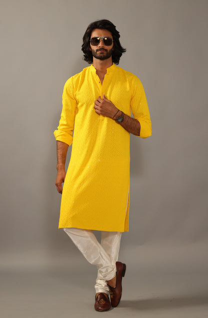 Handmade yellow Chikankaari Embroidered Kurta Pajama Set