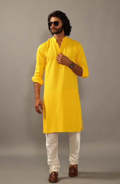 Handmade yellow Chikankaari Embroidered Kurta Pajama Set