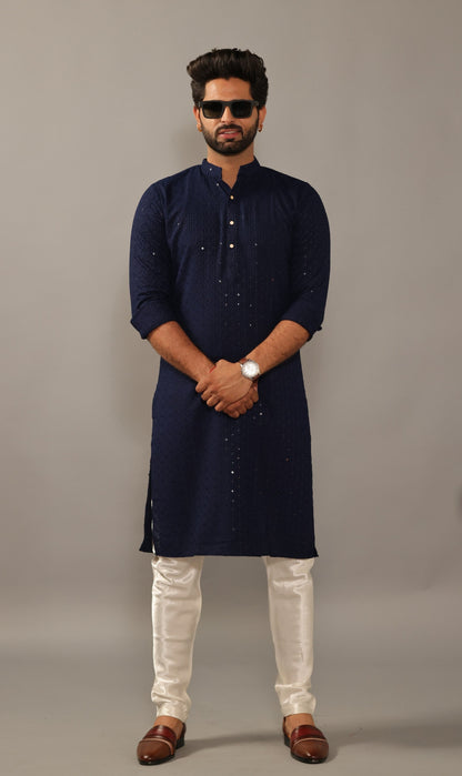 Handmade Navy Blue Chikankaari Embroidered Kurta Pajama Set