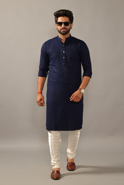 Handmade Navy Blue Chikankaari Embroidered Kurta Pajama Set