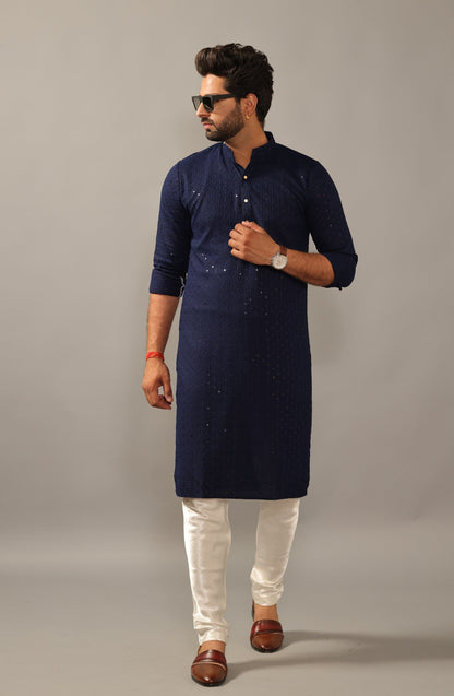 Handmade Navy Blue Chikankaari Embroidered Kurta Pajama Set