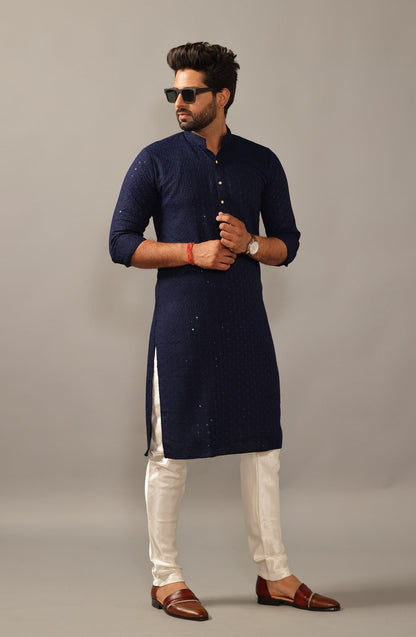 Handmade Navy Blue Chikankaari Embroidered Kurta Pajama Set