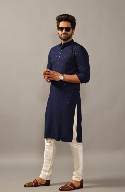 Handmade Navy Blue Chikankaari Embroidered Kurta Pajama Set