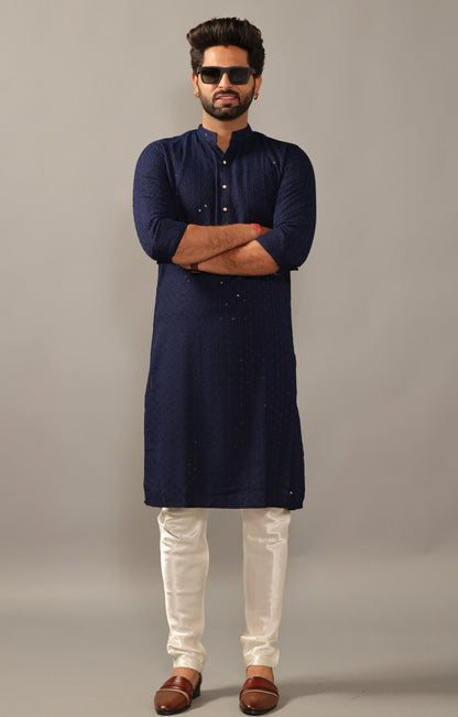 Handmade Navy Blue Chikankaari Embroidered Kurta Pajama Set