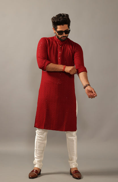Handmade Ruby Red Chikankaari Embroidered Kurta Pajama Set