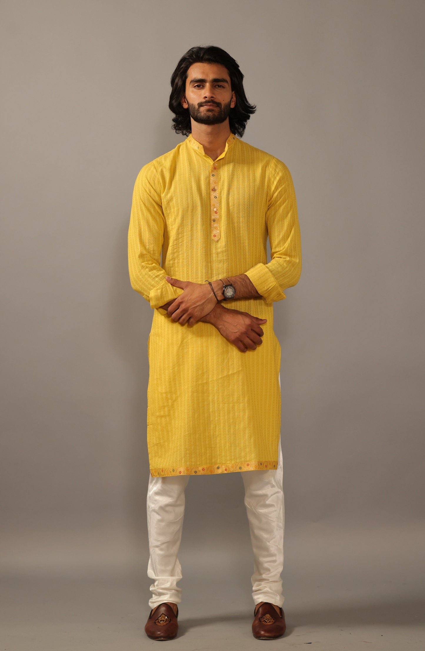 Self Design Daffodil Yellow Cotton Kurta Pajama with Banarasi Details