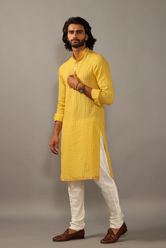 Self Design Daffodil Yellow Cotton Kurta Pajama with Banarasi Details