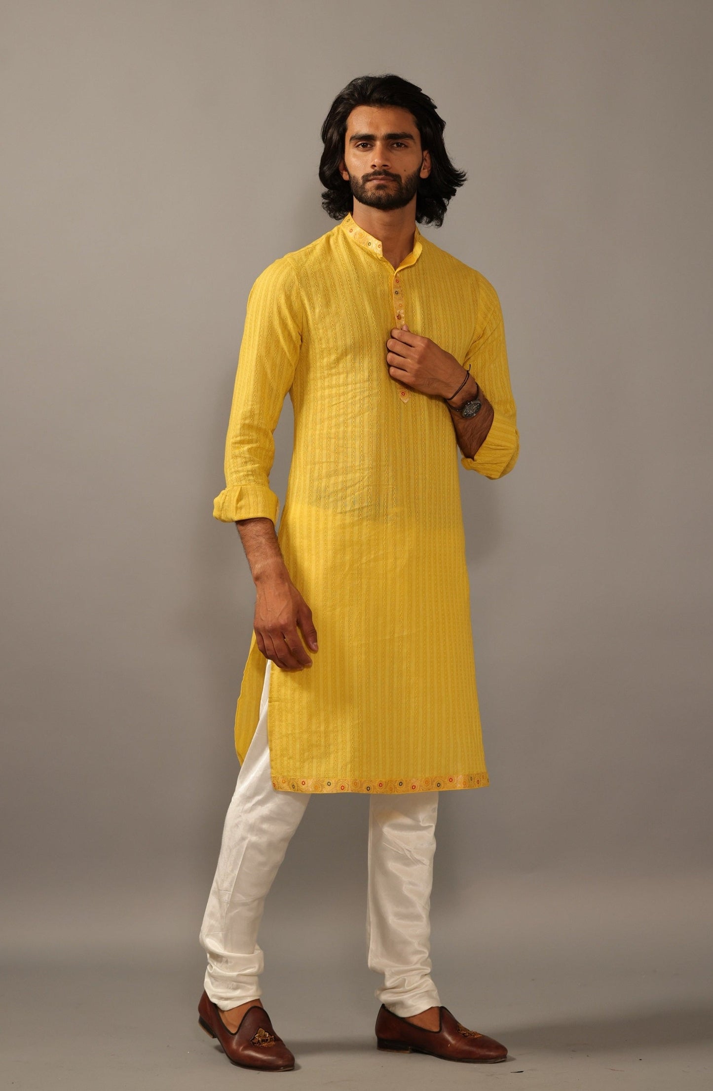 Self Design Daffodil Yellow Cotton Kurta Pajama with Banarasi Details