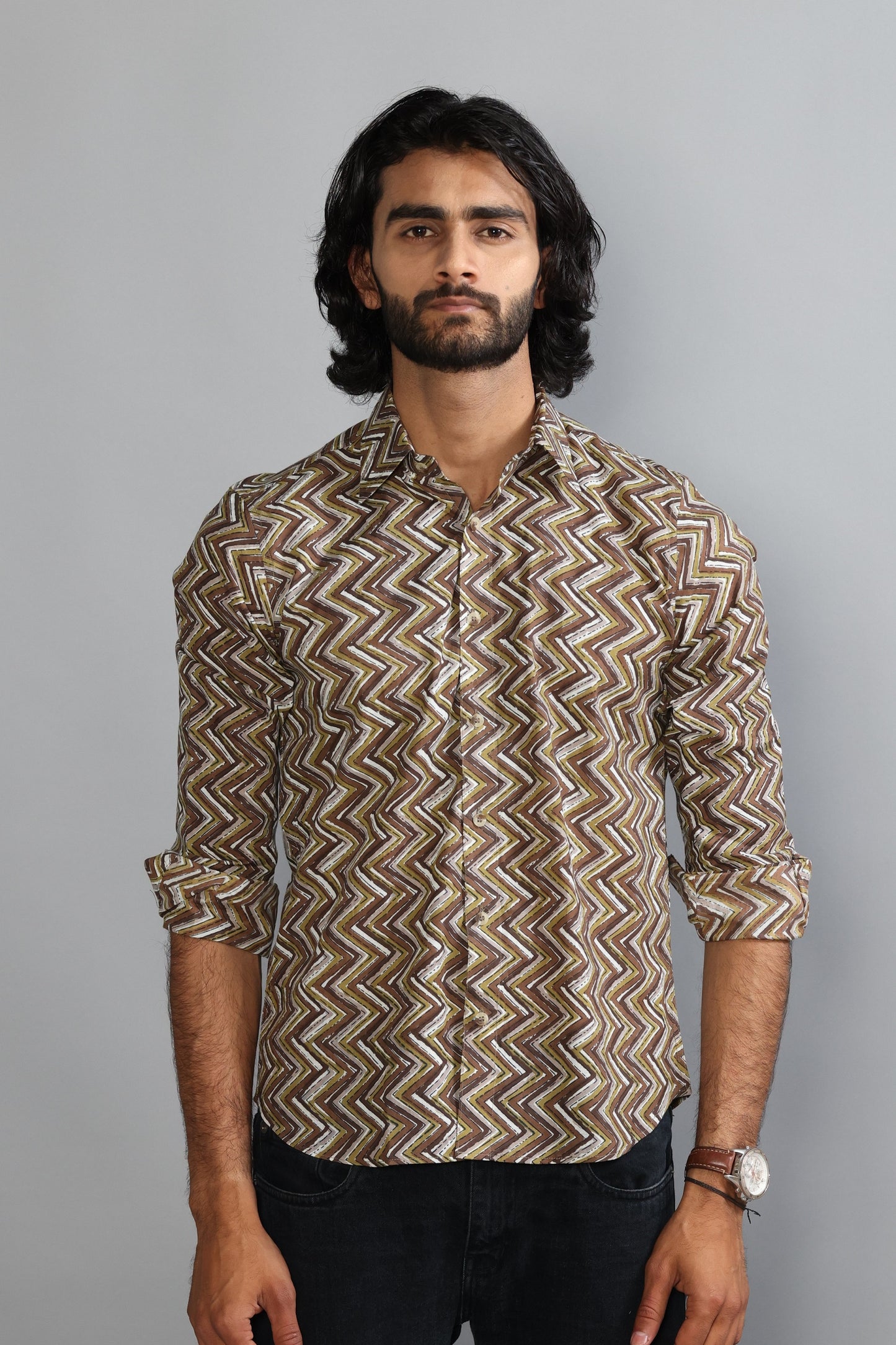 Cedar Brown Sanganeri Zigzag printed Shirt