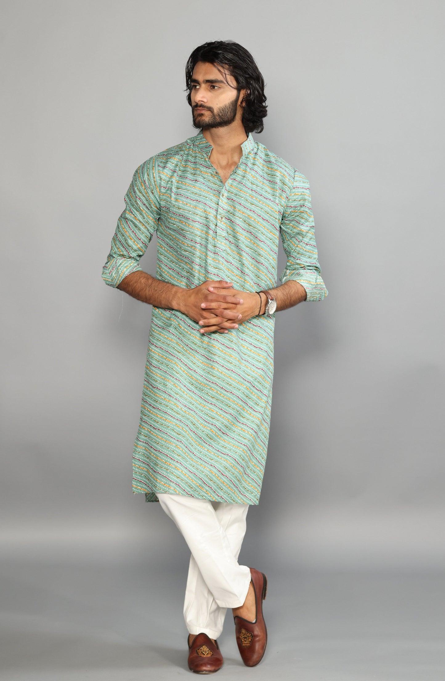 Aqua Green Leheriya Bandhej Jaipuri Printed Kurta Pyjama Set