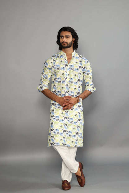 Antique White Elephant Print Sanganeri White Kurta Pyjama Set