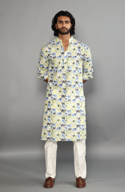 Antique White Elephant Print Sanganeri White Kurta Pyjama Set