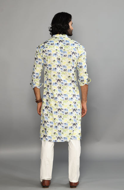 Antique White Elephant Print Sanganeri White Kurta Pyjama Set