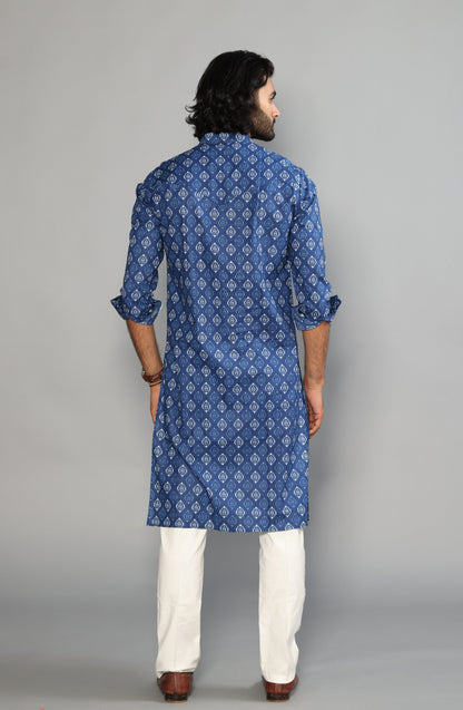 Sanganeri Block Print Navy Blue Kurta Pyjama Set
