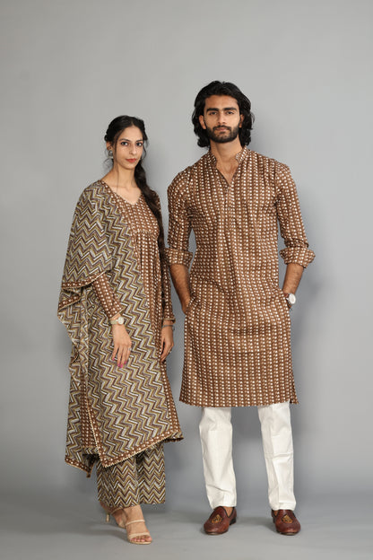 Walnut Brown Sanganeri Printed Kurta With White Pyjama