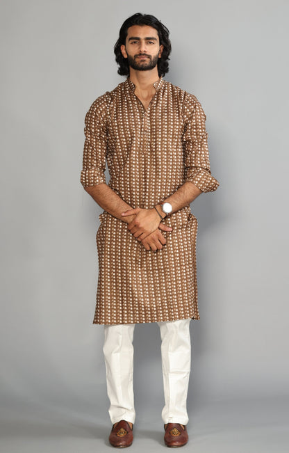 Walnut Brown Sanganeri Printed Kurta With White Pyjama