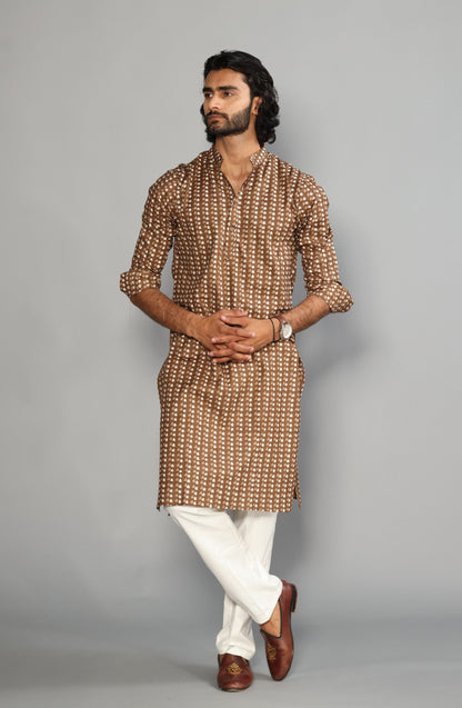 Walnut Brown Sanganeri Printed Kurta With White Pyjama