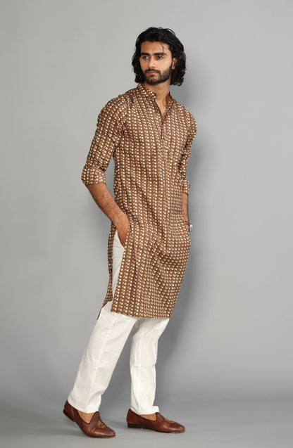 Walnut Brown Sanganeri Printed Kurta With White Pyjama