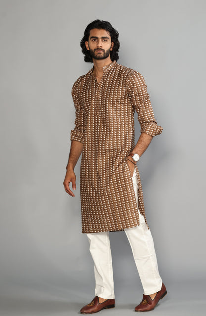 Walnut Brown Sanganeri Printed Kurta With White Pyjama