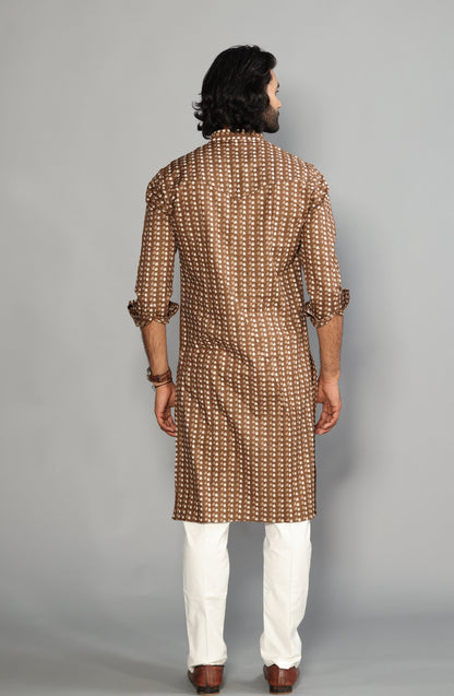 Walnut Brown Sanganeri Printed Kurta With White Pyjama