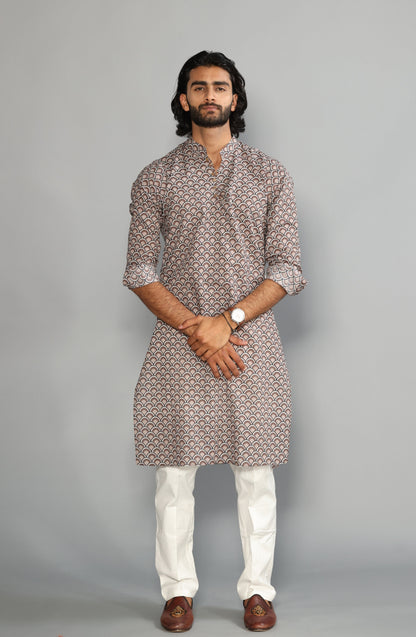 Tawny Brown Sanganeri Scales Print Kurta With White Pyjama