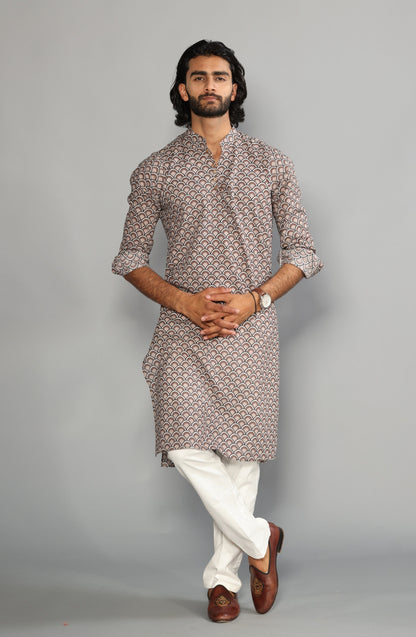 Tawny Brown Sanganeri Scales Print Kurta With White Pyjama