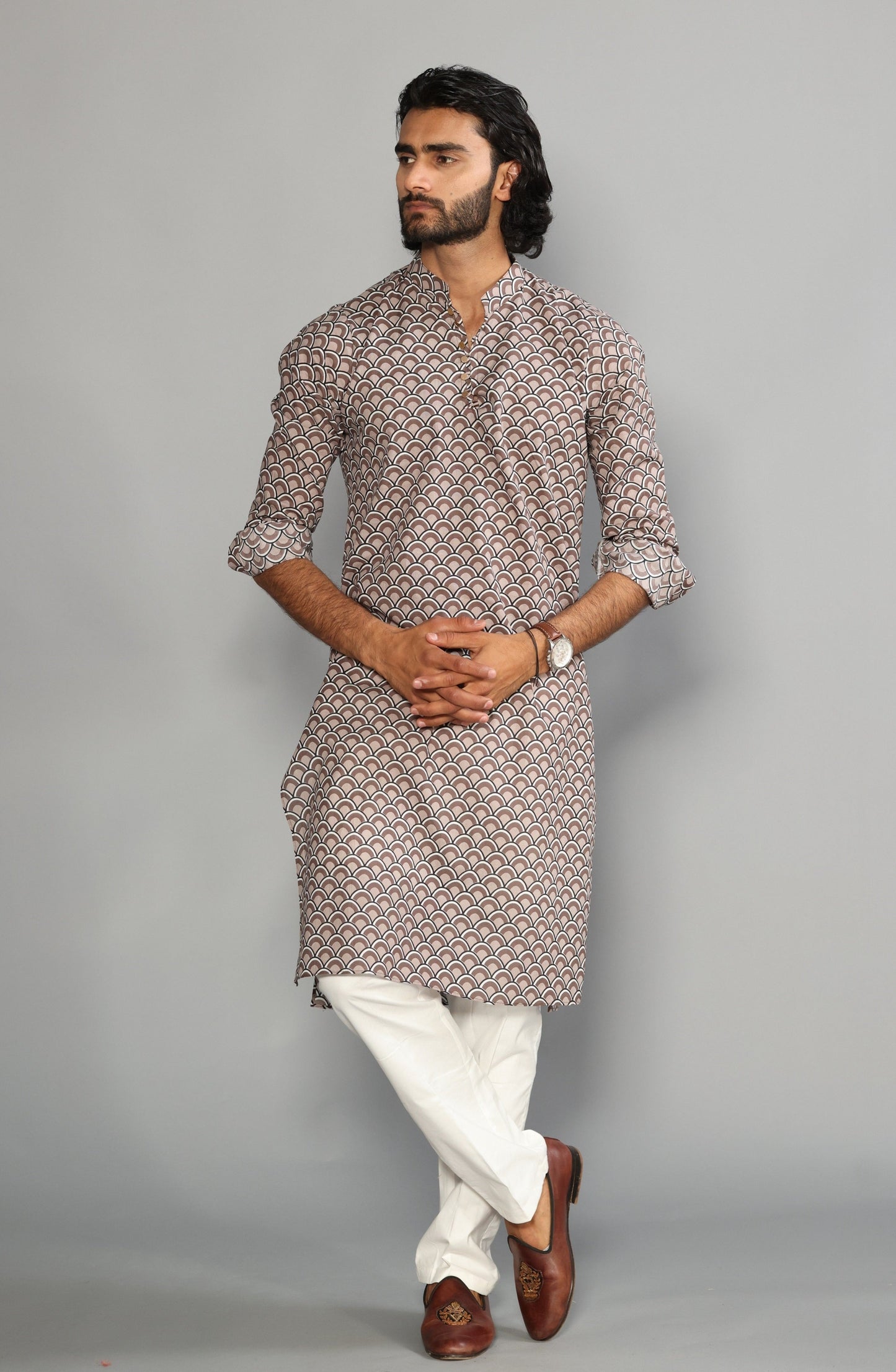 Tawny Brown Sanganeri Scales Print Kurta With White Pyjama