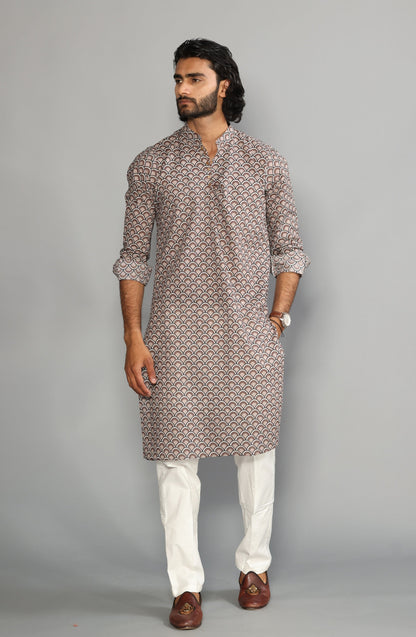 Tawny Brown Sanganeri Scales Print Kurta With White Pyjama