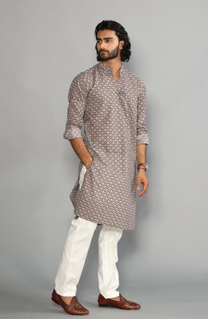 Tawny Brown Sanganeri Scales Print Kurta With White Pyjama