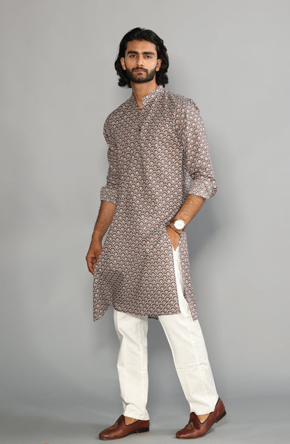 Tawny Brown Sanganeri Scales Print Kurta With White Pyjama