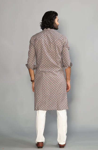 Tawny Brown Sanganeri Scales Print Kurta With White Pyjama