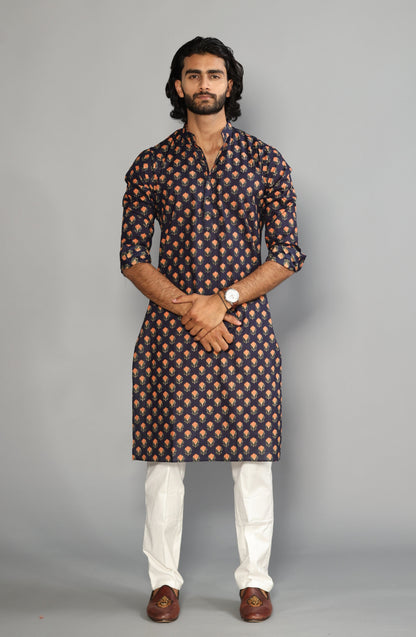 Navy Blue With Red Booti Pattern Sanganeri Kurta Pyjama Set