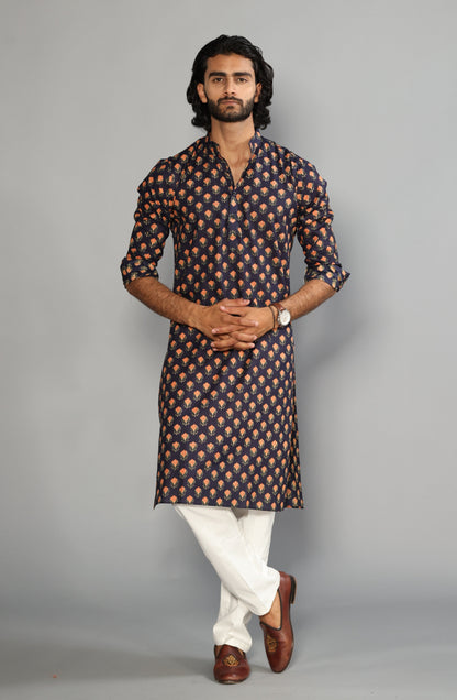 Navy Blue With Red Booti Pattern Sanganeri Kurta Pyjama Set