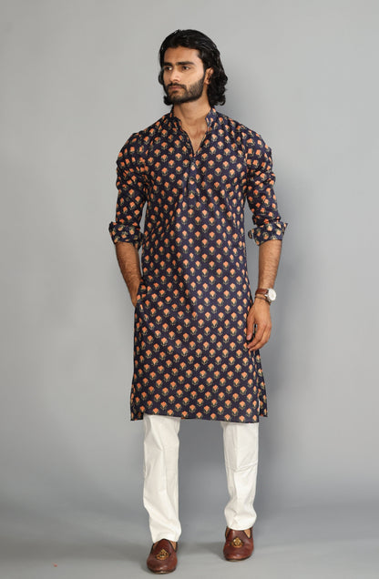 Navy Blue With Red Booti Pattern Sanganeri Kurta Pyjama Set