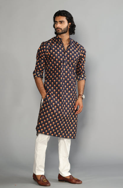 Navy Blue With Red Booti Pattern Sanganeri Kurta Pyjama Set