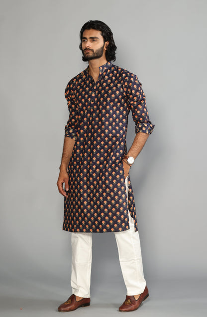 Navy Blue With Red Booti Pattern Sanganeri Kurta Pyjama Set