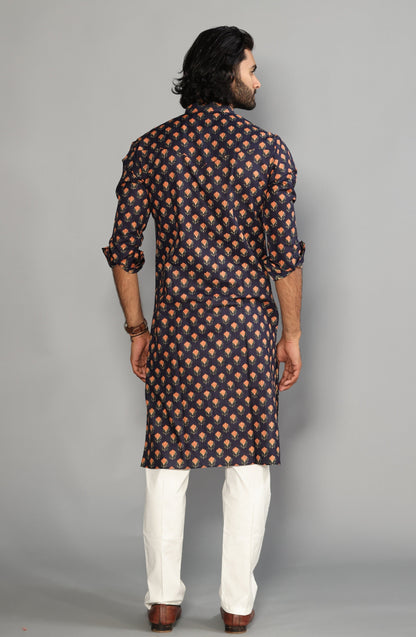 Navy Blue With Red Booti Pattern Sanganeri Kurta Pyjama Set