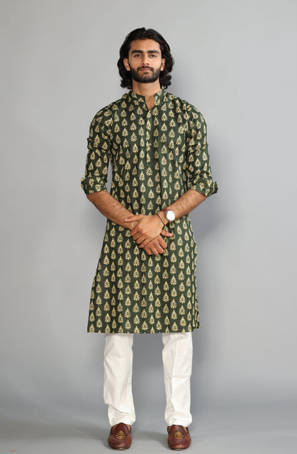 Juniper Green Block Print Sanganeri Kurta With White Pyjama