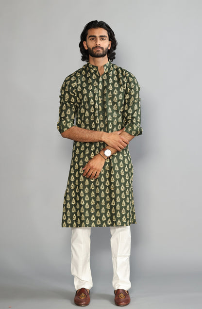 Juniper Green Block Print Sanganeri Kurta With White Pyjama