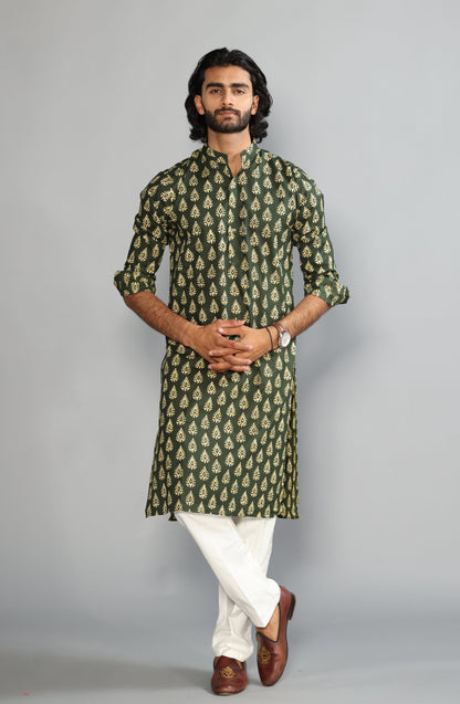 Juniper Green Block Print Sanganeri Kurta With White Pyjama