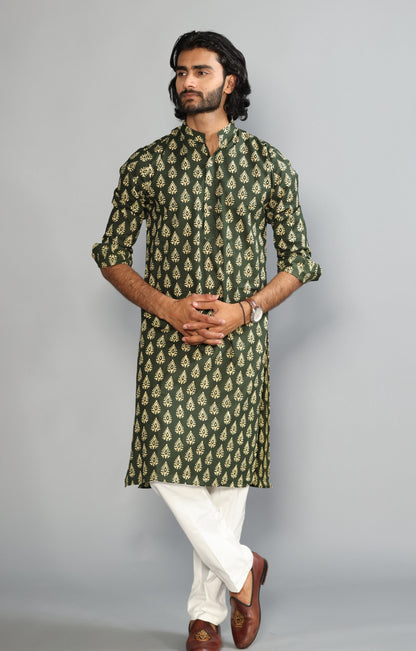 Juniper Green Block Print Sanganeri Kurta With White Pyjama