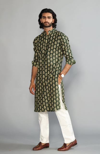 Juniper Green Block Print Sanganeri Kurta With White Pyjama