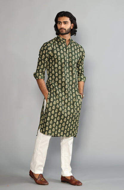 Juniper Green Block Print Sanganeri Kurta With White Pyjama