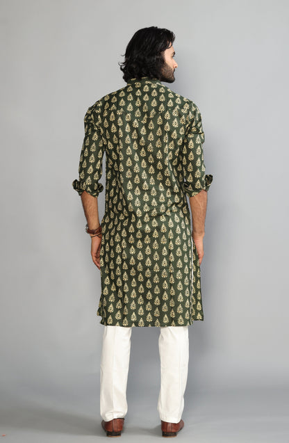 Juniper Green Block Print Sanganeri Kurta With White Pyjama