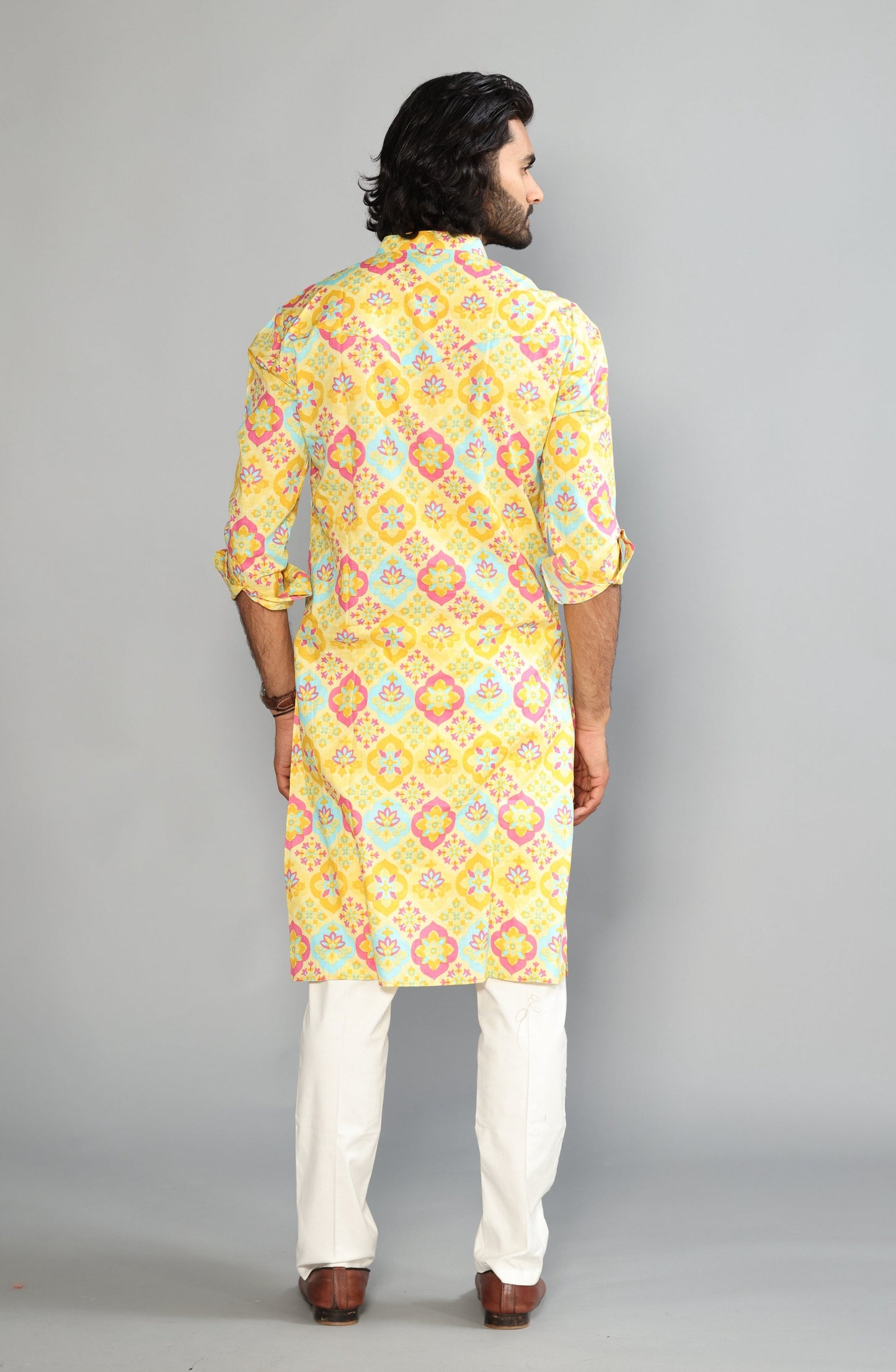 Minion Yellow Sanganeri Baraque Printed Kurta With White Pyjama