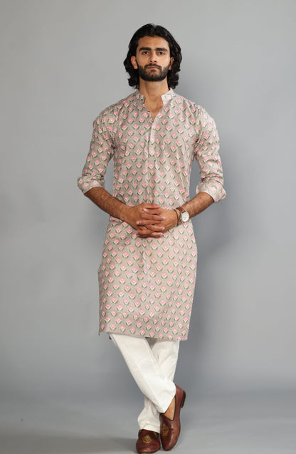 Thunder Grey Sanganeri Booti Print Kurta With White Pyjama